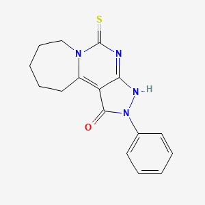 molecular formula C16H16N4OS B2921945 2-Phenyl-5-sulfanylidene-3,7,8,9,10,11-hexahydropyrazolo[4,5]pyrimido[3,5-a]azepin-1-one CAS No. 721908-07-2