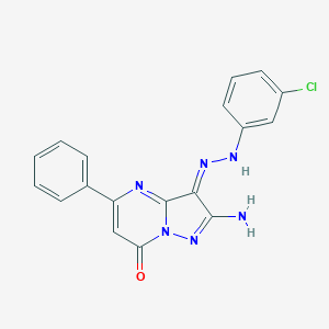molecular formula C18H13ClN6O B292198 (3E)-2-amino-3-[(3-chlorophenyl)hydrazinylidene]-5-phenylpyrazolo[1,5-a]pyrimidin-7-one 
