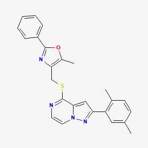 molecular formula C25H22N4OS B2922041 2-(2,5-Dimethylphenyl)-4-{[(5-methyl-2-phenyl-1,3-oxazol-4-yl)methyl]thio}pyrazolo[1,5-a]pyrazine CAS No. 1207023-91-3