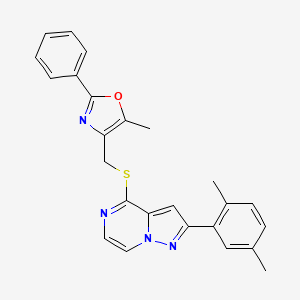 molecular formula C25H22N4OS B2922041 2-(2,5-二甲基苯基)-4-{[(5-甲基-2-苯基-1,3-恶唑-4-基)甲基]硫代}吡唑并[1,5-a]哒嗪 CAS No. 1207023-91-3