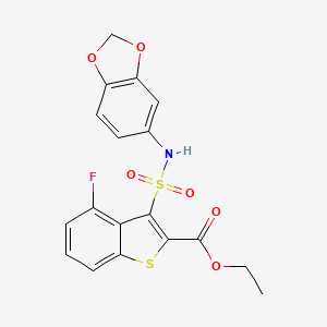 molecular formula C18H14FNO6S2 B2922044 Ethyl 3-[(1,3-benzodioxol-5-ylamino)sulfonyl]-4-fluoro-1-benzothiophene-2-carboxylate CAS No. 899972-25-9