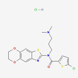 molecular formula C19H21Cl2N3O3S2 B2922082 5-chloro-N-(6,7-dihydro-[1,4]dioxino[2',3':4,5]benzo[1,2-d]thiazol-2-yl)-N-(3-(dimethylamino)propyl)thiophene-2-carboxamide hydrochloride CAS No. 1328685-27-3