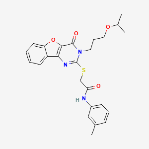 molecular formula C25H27N3O4S B2922089 N-(3-methylphenyl)-2-({4-oxo-3-[3-(propan-2-yloxy)propyl]-3,4-dihydro[1]benzofuro[3,2-d]pyrimidin-2-yl}sulfanyl)acetamide CAS No. 900004-10-6