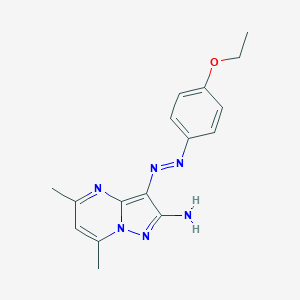 molecular formula C16H18N6O B292210 3-[(4-Ethoxyphenyl)diazenyl]-5,7-dimethylpyrazolo[1,5-a]pyrimidin-2-amine 