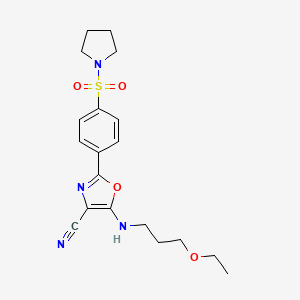 molecular formula C19H24N4O4S B2922126 5-((3-Ethoxypropyl)amino)-2-(4-(pyrrolidin-1-ylsulfonyl)phenyl)oxazole-4-carbonitrile CAS No. 941245-45-0