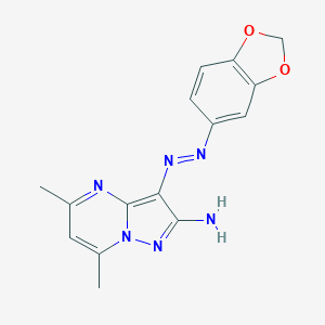 molecular formula C15H14N6O2 B292215 3-(1,3-Benzodioxol-5-yldiazenyl)-5,7-dimethylpyrazolo[1,5-a]pyrimidin-2-ylamine 
