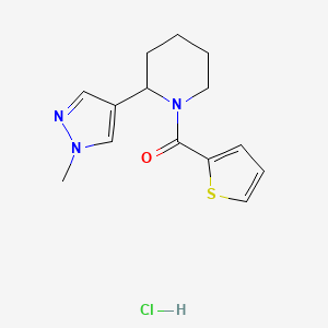 molecular formula C14H18ClN3OS B2922172 2-(1-methyl-1H-pyrazol-4-yl)-1-(thiophene-2-carbonyl)piperidine hydrochloride CAS No. 2097933-85-0
