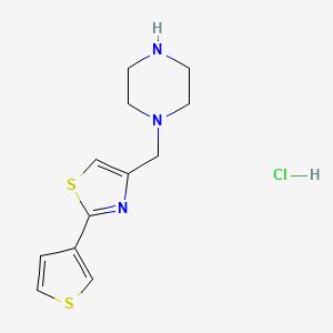 molecular formula C12H16ClN3S2 B2922199 1-[(2-Thien-3-yl-1,3-thiazol-4-yl)methyl]piperazine hydrochloride CAS No. 1052539-68-0