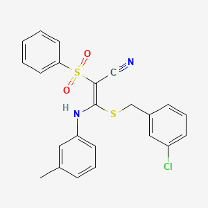 molecular formula C23H19ClN2O2S2 B2922208 (E)-3-((3-chlorobenzyl)thio)-2-(phenylsulfonyl)-3-(m-tolylamino)acrylonitrile CAS No. 866348-24-5