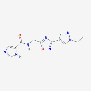 molecular formula C12H13N7O2 B2922219 N-((3-(1-ethyl-1H-pyrazol-4-yl)-1,2,4-oxadiazol-5-yl)methyl)-1H-imidazole-5-carboxamide CAS No. 2034516-57-7