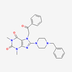 molecular formula C26H28N6O3 B2922221 8-(4-benzylpiperazin-1-yl)-1,3-dimethyl-7-(2-oxo-2-phenylethyl)-1H-purine-2,6(3H,7H)-dione CAS No. 361470-18-0