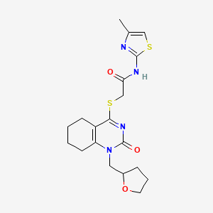 molecular formula C19H24N4O3S2 B2922225 N-(4-methylthiazol-2-yl)-2-((2-oxo-1-((tetrahydrofuran-2-yl)methyl)-1,2,5,6,7,8-hexahydroquinazolin-4-yl)thio)acetamide CAS No. 899756-54-8