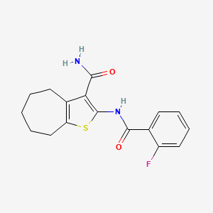 molecular formula C17H17FN2O2S B2922264 2-(2-fluorobenzamido)-5,6,7,8-tetrahydro-4H-cyclohepta[b]thiophene-3-carboxamide CAS No. 352693-87-9