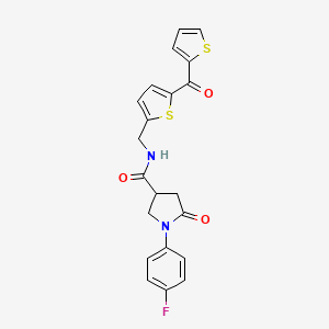 molecular formula C21H17FN2O3S2 B2922290 1-(4-Fluorophenyl)-5-oxo-N-{[5-(thiophene-2-carbonyl)thiophen-2-YL]methyl}pyrrolidine-3-carboxamide CAS No. 1421455-90-4