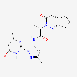 molecular formula C19H21N7O3 B2922339 N-(3-methyl-1-(4-methyl-6-oxo-1,6-dihydropyrimidin-2-yl)-1H-pyrazol-5-yl)-2-(3-oxo-3,5,6,7-tetrahydro-2H-cyclopenta[c]pyridazin-2-yl)propanamide CAS No. 2097865-30-8