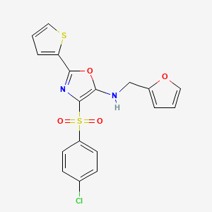 molecular formula C18H13ClN2O4S2 B2922384 4-(4-氯苯基)磺酰基-N-(呋喃-2-基甲基)-2-噻吩-2-基-1,3-恶唑-5-胺 CAS No. 627834-68-8