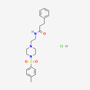 molecular formula C22H30ClN3O3S B2922393 3-phenyl-N-(2-(4-tosylpiperazin-1-yl)ethyl)propanamide hydrochloride CAS No. 1185061-95-3