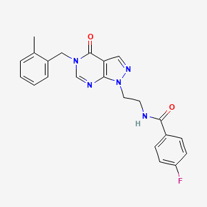 molecular formula C22H20FN5O2 B2922403 4-氟-N-(2-(5-(2-甲基苄基)-4-氧代-4,5-二氢-1H-吡唑并[3,4-d]嘧啶-1-基)乙基)苯甲酰胺 CAS No. 922117-32-6