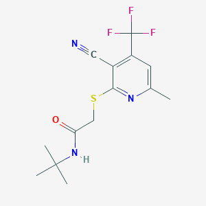 molecular formula C14H16F3N3OS B2922413 N-(tert-butyl)-2-{[3-cyano-6-methyl-4-(trifluoromethyl)pyridin-2-yl]thio}acetamide CAS No. 299201-38-0