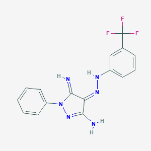 molecular formula C16H13F3N6 B292244 (4Z)-5-imino-1-phenyl-4-[[3-(trifluoromethyl)phenyl]hydrazinylidene]pyrazol-3-amine 