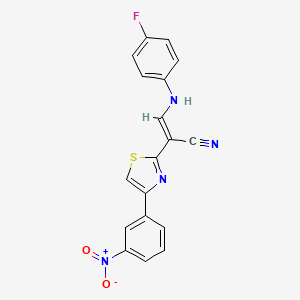 molecular formula C18H11FN4O2S B2922501 (E)-3-((4-氟苯基)氨基)-2-(4-(3-硝基苯基)噻唑-2-基)丙烯腈 CAS No. 378202-09-6