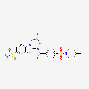 molecular formula C23H26N4O7S3 B2922520 (Z)-甲基 2-(2-((4-((4-甲基哌啶-1-基)磺酰基)苯甲酰)亚氨基)-6-磺酰胺基苯并[d]噻唑-3(2H)-基)乙酸酯 CAS No. 865199-07-1