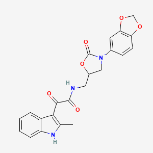 molecular formula C22H19N3O6 B2922624 N-((3-(苯并[d][1,3]二氧杂环-5-基)-2-氧代恶唑烷-5-基)甲基)-2-(2-甲基-1H-吲哚-3-基)-2-氧代乙酰胺 CAS No. 955242-07-6