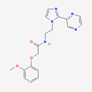 molecular formula C18H19N5O3 B2922677 2-(2-methoxyphenoxy)-N-(2-(2-(pyrazin-2-yl)-1H-imidazol-1-yl)ethyl)acetamide CAS No. 2034450-37-6