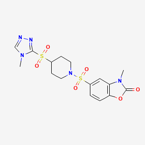 molecular formula C16H19N5O6S2 B2922684 3-methyl-5-((4-((4-methyl-4H-1,2,4-triazol-3-yl)sulfonyl)piperidin-1-yl)sulfonyl)benzo[d]oxazol-2(3H)-one CAS No. 1448047-81-1