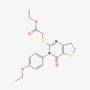 molecular formula C18H20N2O4S2 B2922762 Ethyl 2-((3-(4-ethoxyphenyl)-4-oxo-3,4,6,7-tetrahydrothieno[3,2-d]pyrimidin-2-yl)thio)acetate CAS No. 362501-85-7