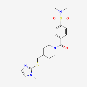 molecular formula C19H26N4O3S2 B2922889 N,N-dimethyl-4-(4-(((1-methyl-1H-imidazol-2-yl)thio)methyl)piperidine-1-carbonyl)benzenesulfonamide CAS No. 1428358-05-7