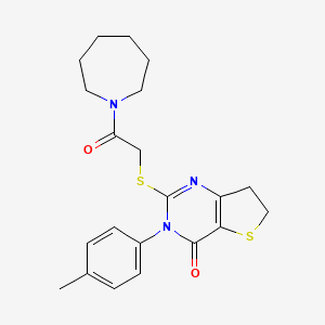 molecular formula C21H25N3O2S2 B2922892 2-[2-(Azepan-1-yl)-2-oxoethyl]sulfanyl-3-(4-methylphenyl)-6,7-dihydrothieno[3,2-d]pyrimidin-4-one CAS No. 686771-19-7