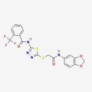 molecular formula C19H13F3N4O4S2 B2922900 N-(5-((2-(benzo[d][1,3]dioxol-5-ylamino)-2-oxoethyl)thio)-1,3,4-thiadiazol-2-yl)-2-(trifluoromethyl)benzamide CAS No. 868975-12-6
