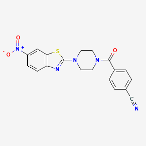 molecular formula C19H15N5O3S B2922924 4-[4-(6-Nitro-1,3-benzothiazol-2-yl)piperazine-1-carbonyl]benzonitrile CAS No. 897473-98-2
