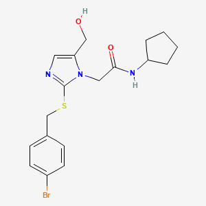 molecular formula C18H22BrN3O2S B2923097 2-(2-((4-bromobenzyl)thio)-5-(hydroxymethyl)-1H-imidazol-1-yl)-N-cyclopentylacetamide CAS No. 923122-51-4