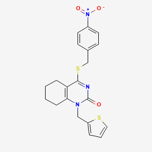 molecular formula C20H19N3O3S2 B2923098 4-((4-nitrobenzyl)thio)-1-(thiophen-2-ylmethyl)-5,6,7,8-tetrahydroquinazolin-2(1H)-one CAS No. 941946-27-6