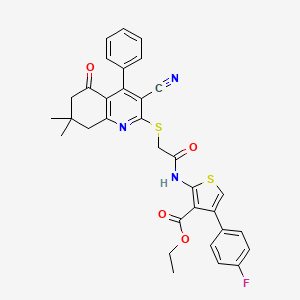 molecular formula C33H28FN3O4S2 B2923117 Ethyl 2-[[2-[(3-cyano-7,7-dimethyl-5-oxo-4-phenyl-6,8-dihydroquinolin-2-yl)sulfanyl]acetyl]amino]-4-(4-fluorophenyl)thiophene-3-carboxylate CAS No. 670272-83-0