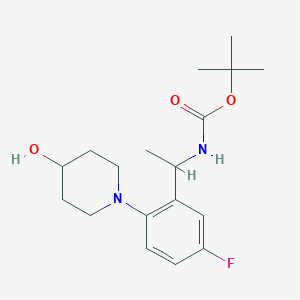 molecular formula C18H27FN2O3 B2923149 tert-butyl N-{1-[5-fluoro-2-(4-hydroxypiperidin-1-yl)phenyl]ethyl}carbamate CAS No. 1445664-09-4