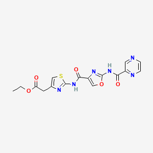 molecular formula C16H14N6O5S B2923194 2-(2-(2-(吡嗪-2-甲酰胺)恶唑-4-甲酰胺)噻唑-4-基)乙酸乙酯 CAS No. 1396784-44-3