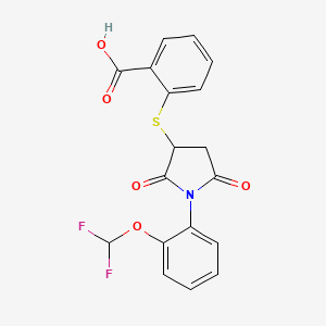 molecular formula C18H13F2NO5S B2923217 2-((1-(2-(Difluoromethoxy)phenyl)-2,5-dioxopyrrolidin-3-yl)thio)benzoic acid CAS No. 433700-13-1