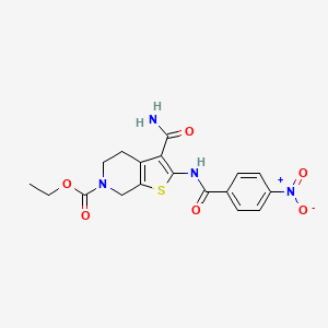 molecular formula C18H18N4O6S B2923292 3-氨甲酰基-2-(4-硝基苯甲酰氨基)-4,5-二氢噻吩并[2,3-c]吡啶-6(7H)-甲酸乙酯 CAS No. 921112-75-6
