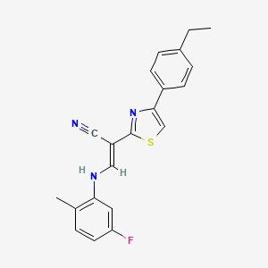 molecular formula C21H18FN3S B2923370 (E)-2-(4-(4-ethylphenyl)thiazol-2-yl)-3-((5-fluoro-2-methylphenyl)amino)acrylonitrile CAS No. 477297-98-6