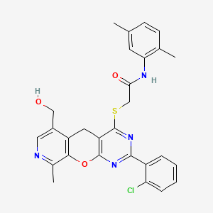 molecular formula C28H25ClN4O3S B2923385 2-((2-(2-chlorophenyl)-6-(hydroxymethyl)-9-methyl-5H-pyrido[4',3':5,6]pyrano[2,3-d]pyrimidin-4-yl)thio)-N-(2,5-dimethylphenyl)acetamide CAS No. 892382-69-3