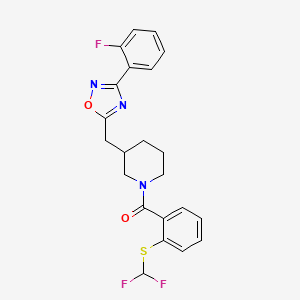 molecular formula C22H20F3N3O2S B2923386 (2-((Difluoromethyl)thio)phenyl)(3-((3-(2-fluorophenyl)-1,2,4-oxadiazol-5-yl)methyl)piperidin-1-yl)methanone CAS No. 2034233-23-1
