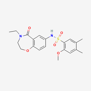 molecular formula C20H24N2O5S B2923449 N-(4-乙基-5-氧代-2,3,4,5-四氢苯并[f][1,4]恶杂环庚-7-基)-2-甲氧基-4,5-二甲基苯磺酰胺 CAS No. 922553-64-8