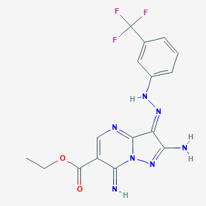 molecular formula C16H14F3N7O2 B292356 ethyl (3Z)-2-amino-7-imino-3-[[3-(trifluoromethyl)phenyl]hydrazinylidene]pyrazolo[1,5-a]pyrimidine-6-carboxylate 