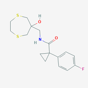 molecular formula C16H20FNO2S2 B2923581 1-(4-Fluorophenyl)-N-[(6-hydroxy-1,4-dithiepan-6-yl)methyl]cyclopropane-1-carboxamide CAS No. 2415539-51-2