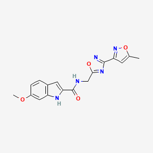 molecular formula C17H15N5O4 B2923589 6-methoxy-N-((3-(5-methylisoxazol-3-yl)-1,2,4-oxadiazol-5-yl)methyl)-1H-indole-2-carboxamide CAS No. 2034517-01-4
