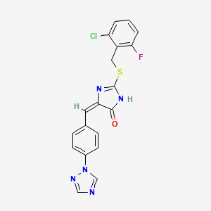 molecular formula C19H13ClFN5OS B2923601 (4E)-2-{[(2-chloro-6-fluorophenyl)methyl]sulfanyl}-4-{[4-(1H-1,2,4-triazol-1-yl)phenyl]methylidene}-4,5-dihydro-1H-imidazol-5-one CAS No. 860648-84-6