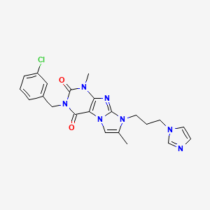 molecular formula C22H22ClN7O2 B2923602 2-[(3-Chlorophenyl)methyl]-6-(3-imidazol-1-ylpropyl)-4,7-dimethylpurino[7,8-a]imidazole-1,3-dione CAS No. 920469-60-9